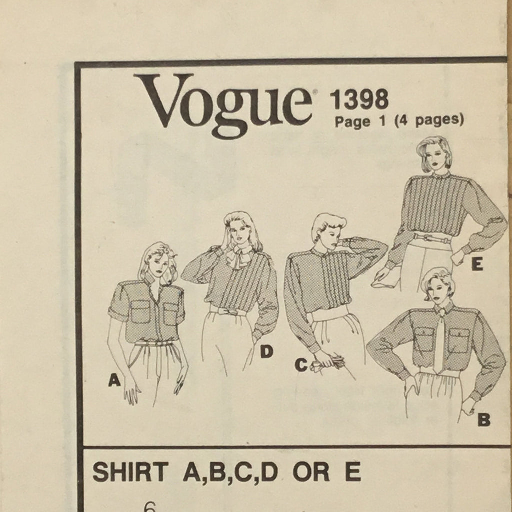Vogue 1398 Blouse with Neckline and Sleeve Variations - Vintage Uncut Sewing Pattern