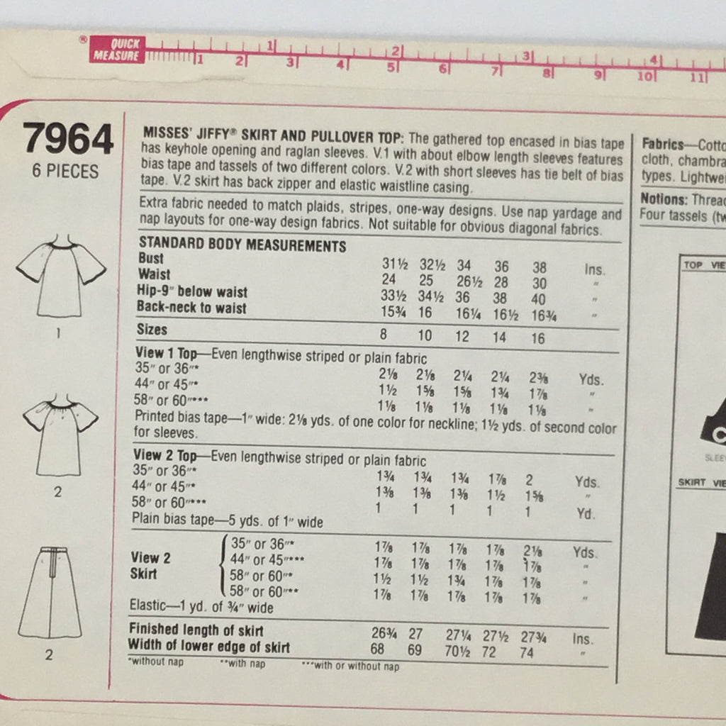 Simplicity 7964 (1977) Skirt and Top with Sleeve Variations - Vintage Uncut Sewing Pattern
