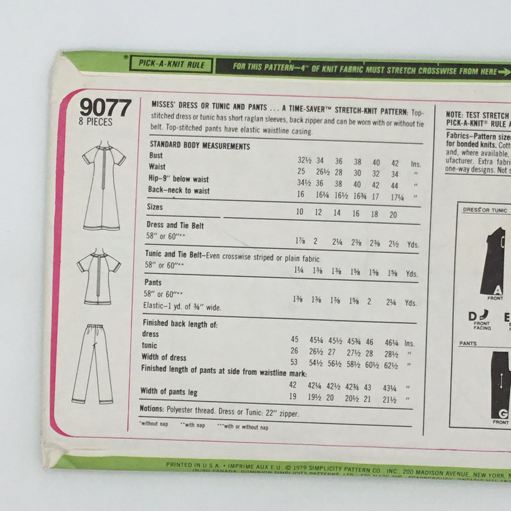 Simplicity 9077 (1979) Dress, Tunic, and Pants - Vintage Uncut Sewing Pattern