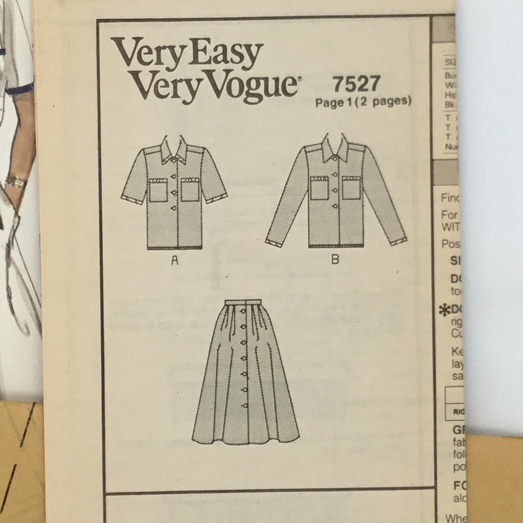 Vogue 7527 (1989) Skirt and Top with Sleeve Variations - Vintage Uncut Sewing Pattern