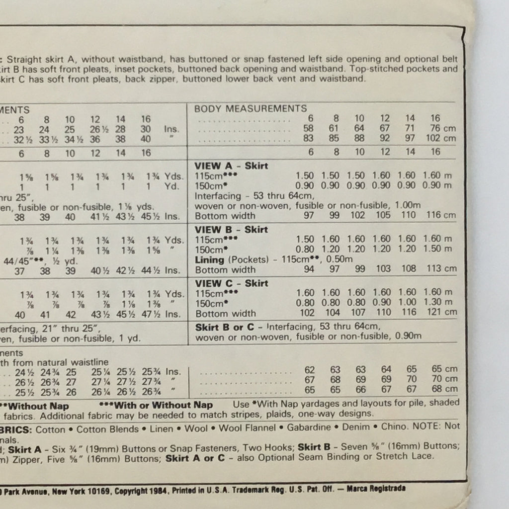 McCall's 8928 (1984) Skirt with Style Variations - Vintage Uncut Sewing Pattern