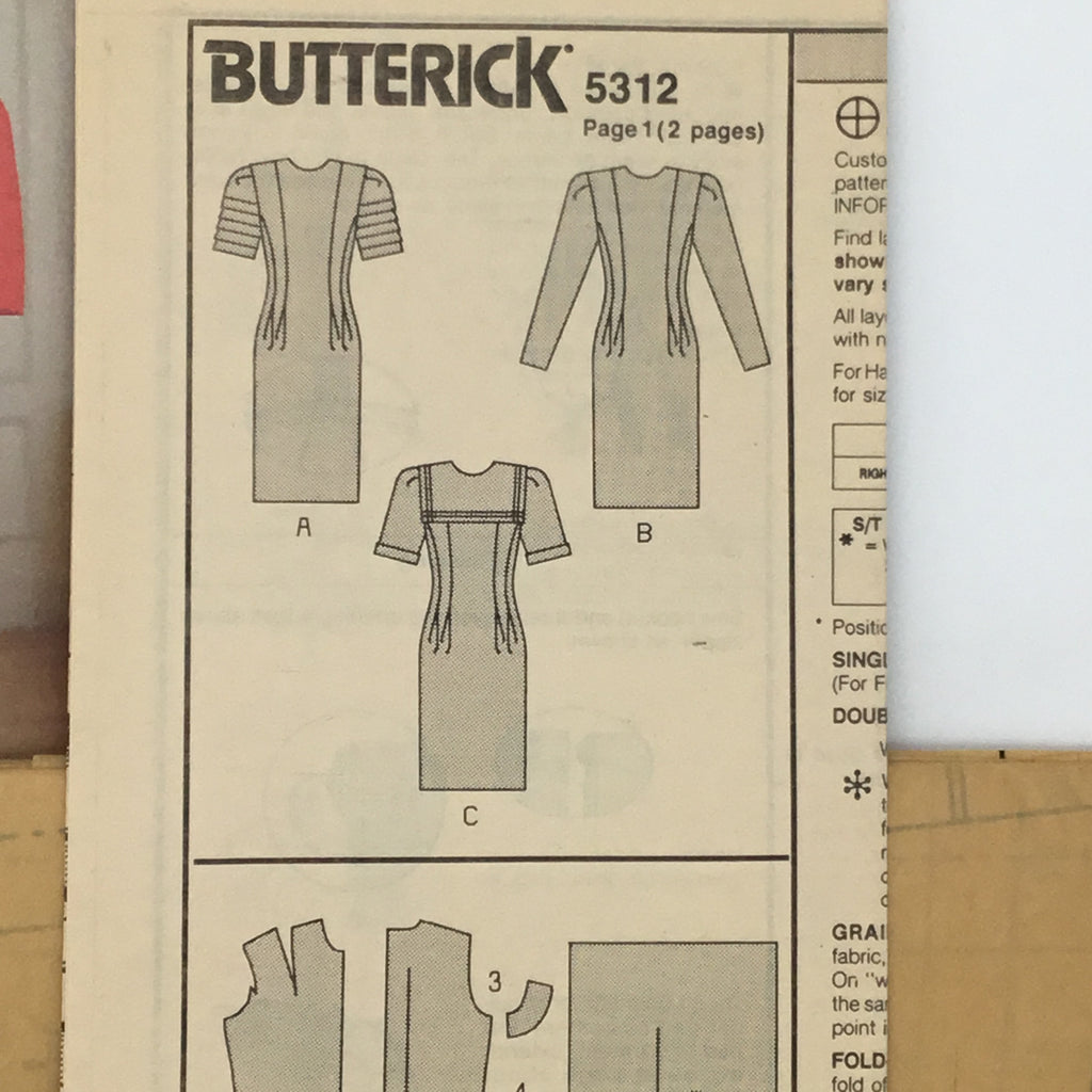 Butterick 5312 (1991) Dress with Neckline and Sleeve Variations - Vintage Uncut Sewing Pattern