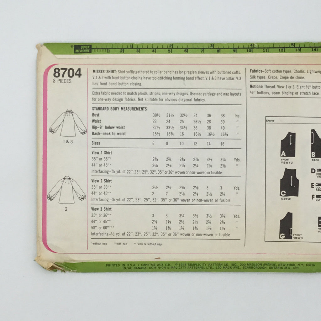 Simplicity 8704 (1978) Blouse - Vintage Uncut Sewing Pattern