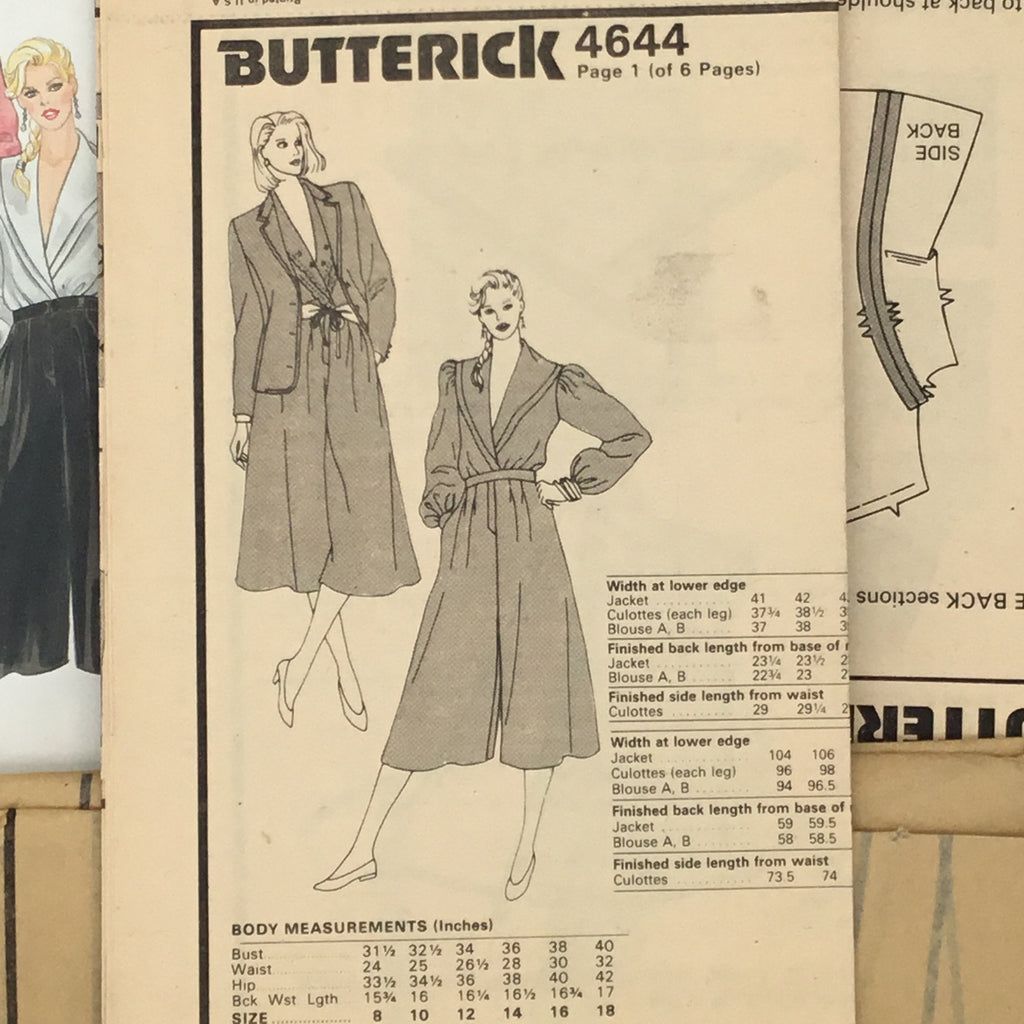 Butterick 4644 Jacket, Culottes, and Blouse - Vintage Uncut Sewing Pattern