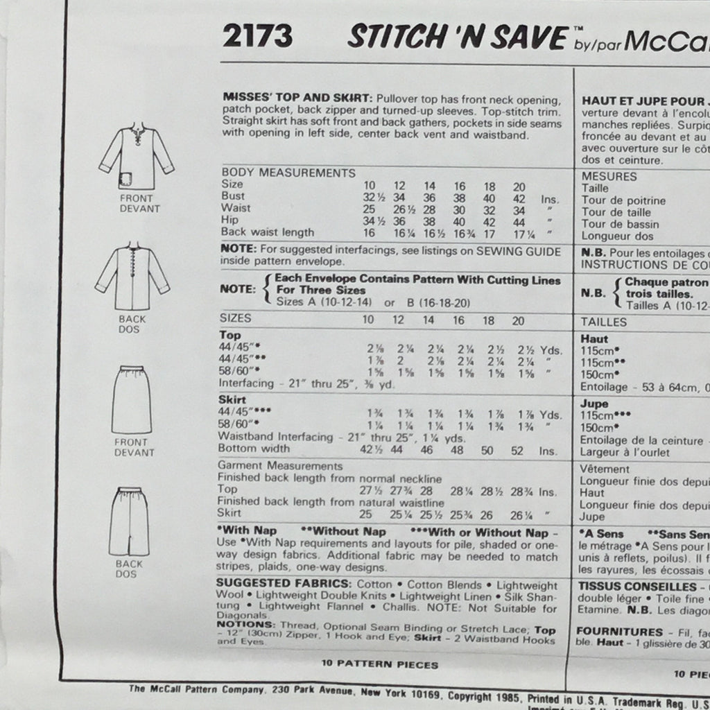 McCall's 2173 (1985) Top and Skirt - Vintage Uncut Sewing Pattern