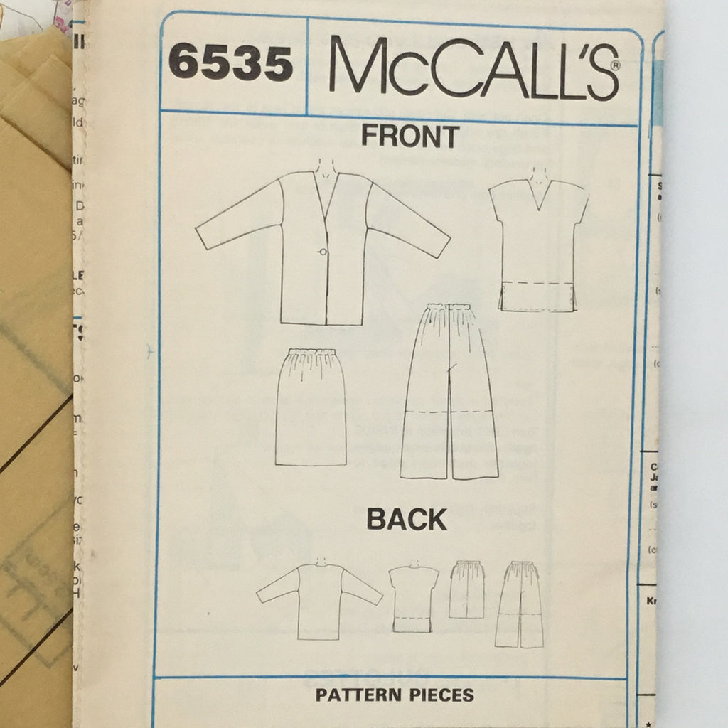 McCall's 6535 (1993) Cardigan, Tunic, Top, Skirt, Shorts, and Culottes - Vintage Uncut Sewing Pattern