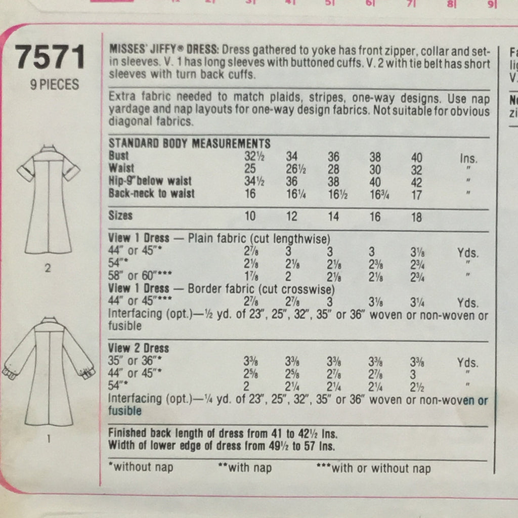 Simplicity 7571 (1976) Dress with Sleeve Variations - Vintage Uncut Sewing Pattern