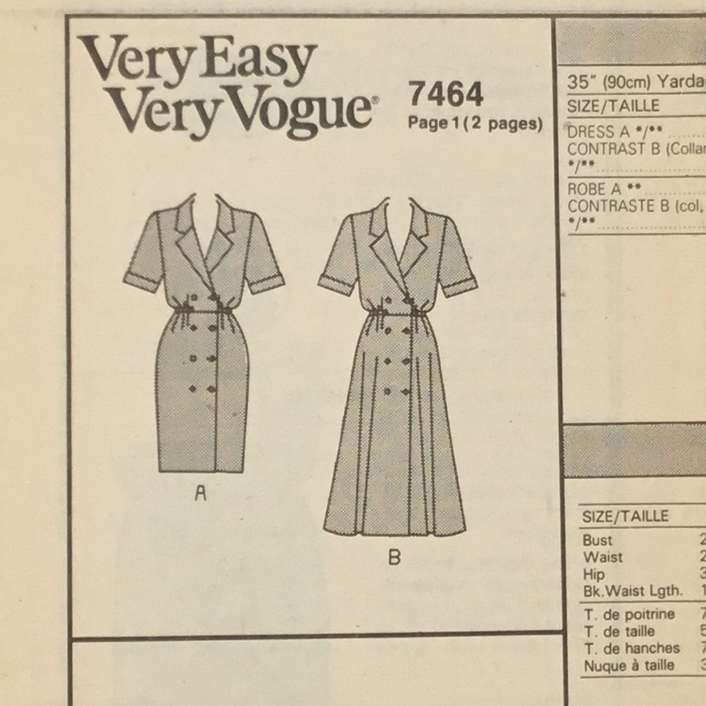 Vogue 7464 (1989) Dress with Length Variations - Vintage Uncut Sewing Pattern