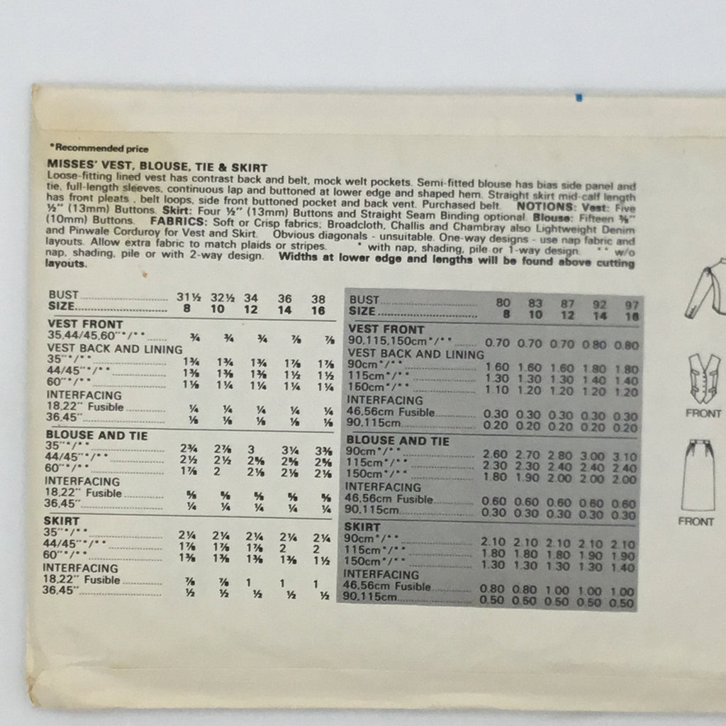 Butterick 4639 Vest, Blouse, Skirt, and Tie - Vintage Uncut Sewing Pattern