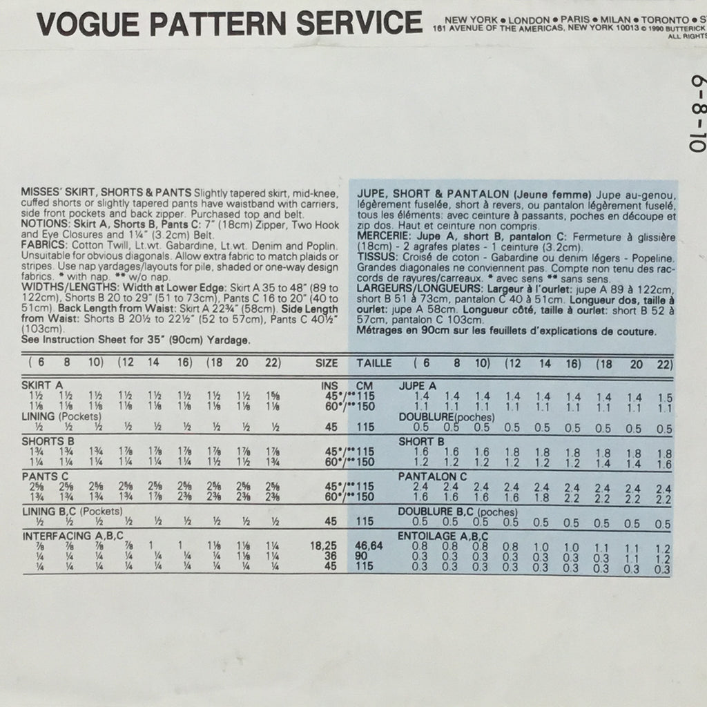 Vogue 2472 (1990) Skirt, Shorts, and Pants - Vintage Uncut Sewing Pattern