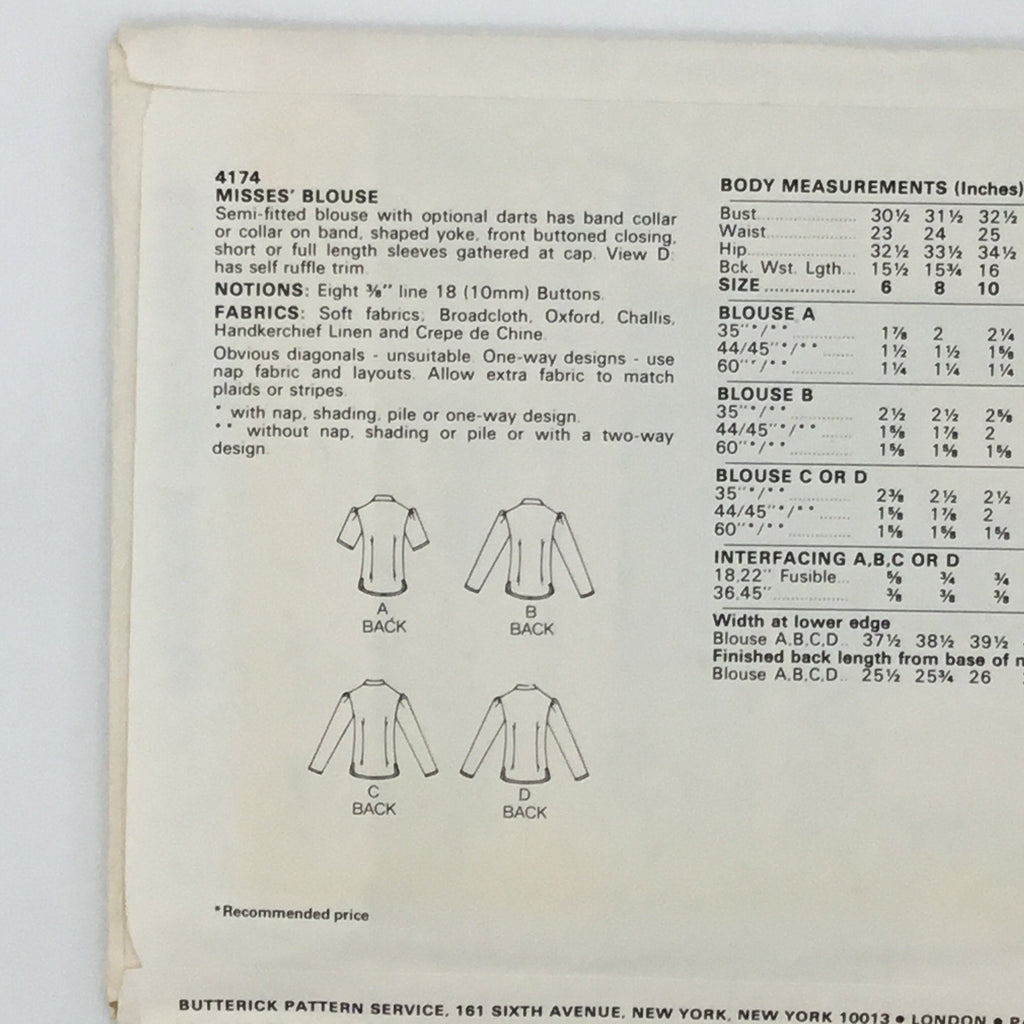 Butterick 4174 Blouse with Sleeve and Style Variations - Vintage Uncut Sewing Pattern