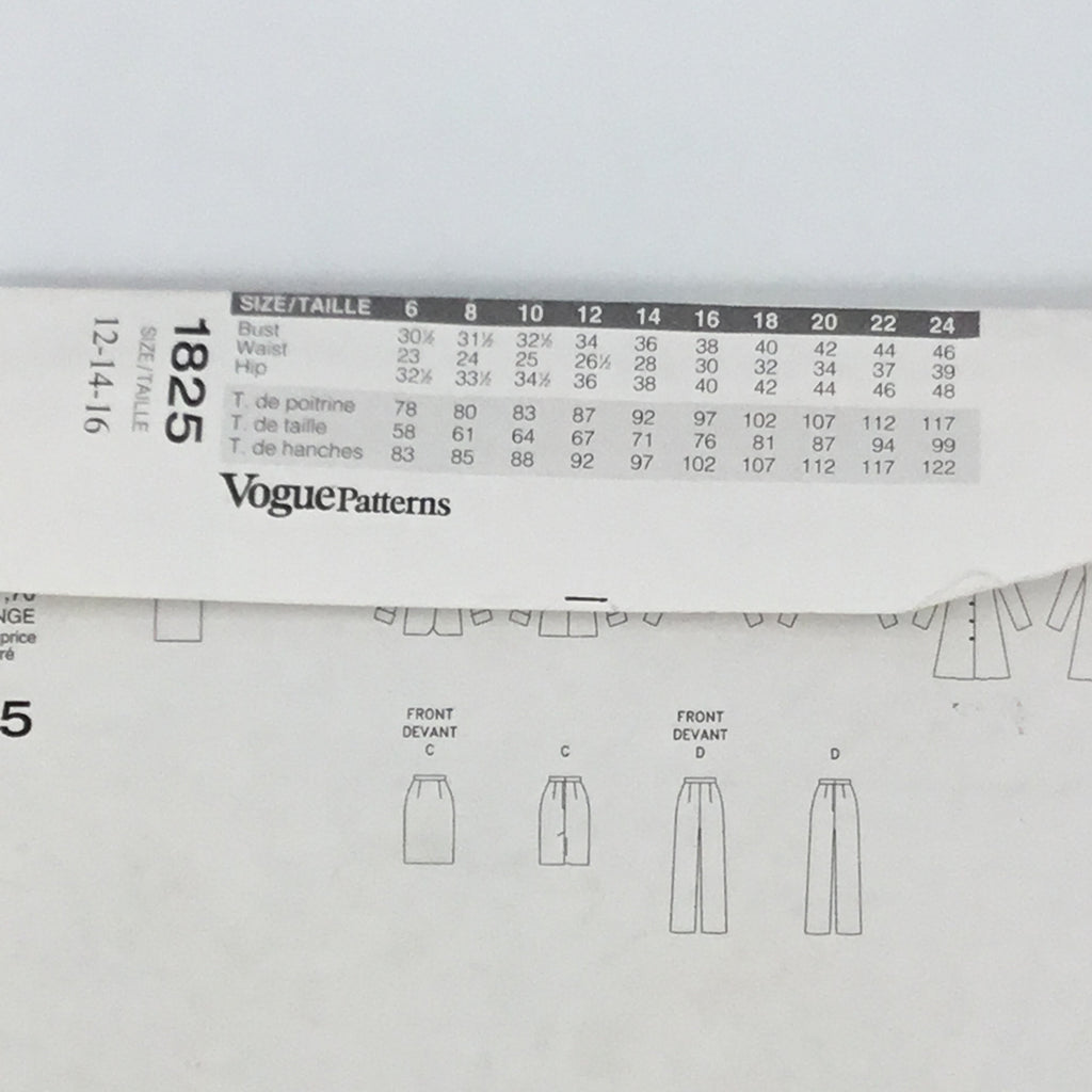 Vogue 1825 (1996) Jacket, Dress, Top, Skirt, and Pants - Vintage Uncut Sewing Pattern