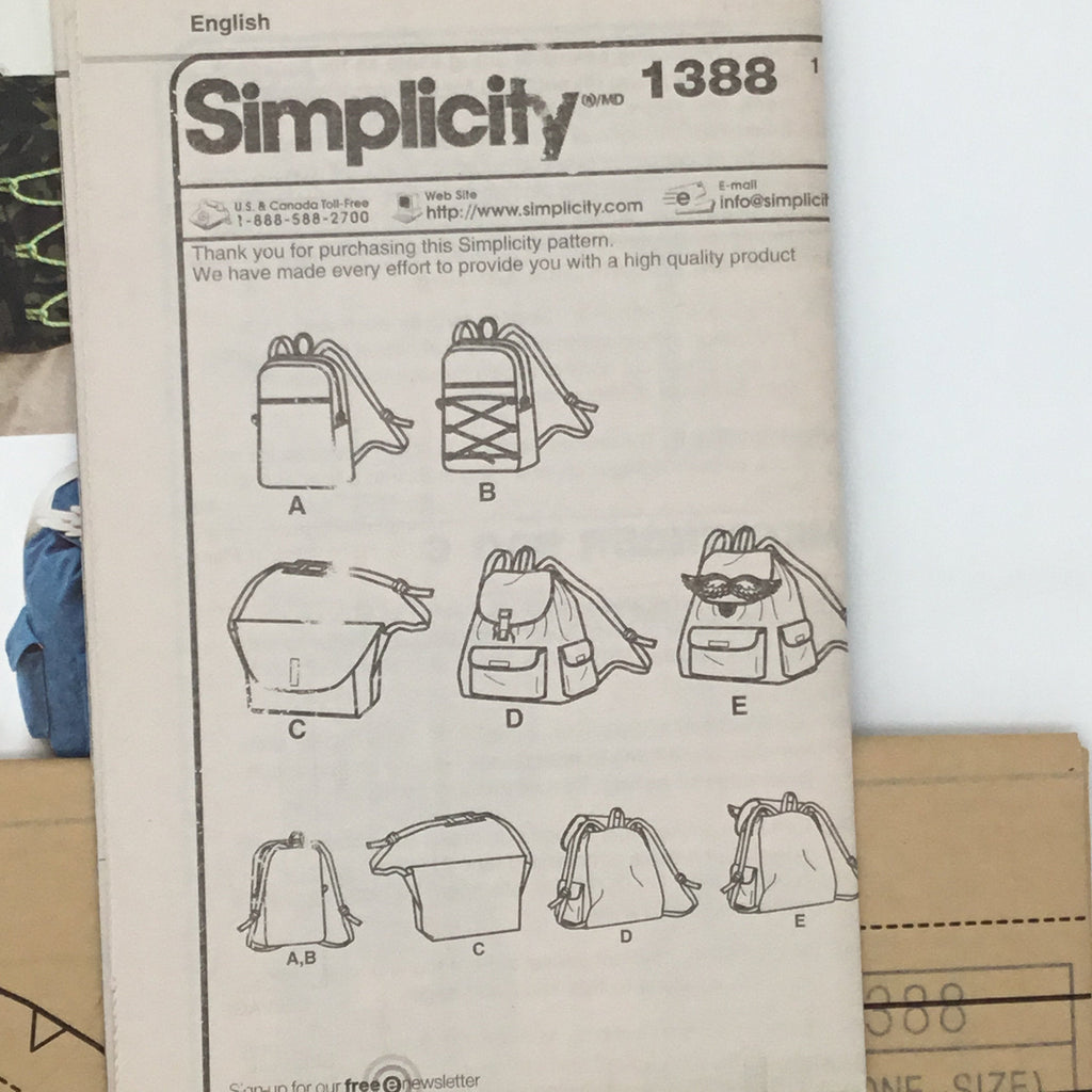 Simplicity 1388 (2014) Backpacks and Messenger Bag  - Uncut Sewing Pattern