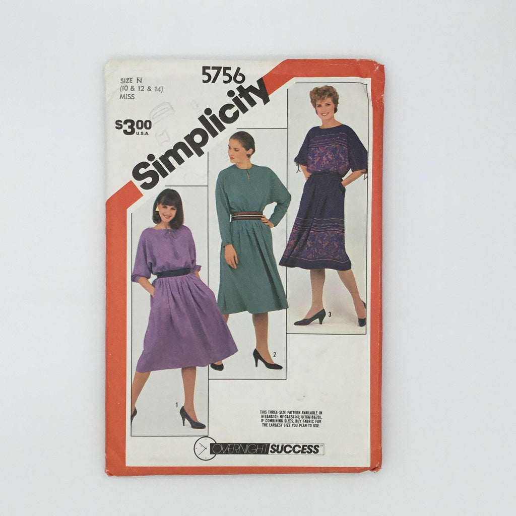 Simplicity 5756 (1982) Dress with Neckline and Sleeve Variations - Vintage Uncut Sewing Pattern