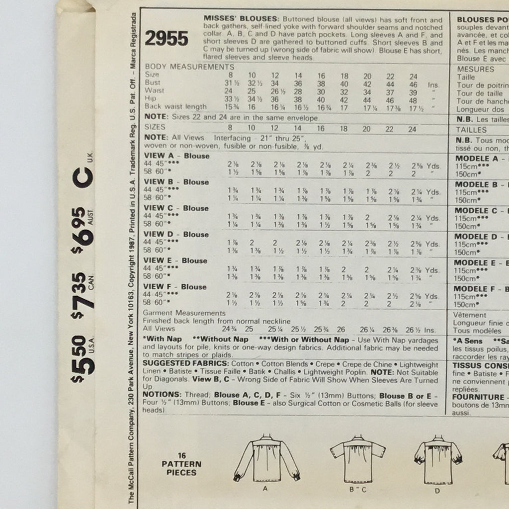 McCall's 2955 (1987) Blouse with Sleeve Variations - Vintage Uncut Sewing Pattern