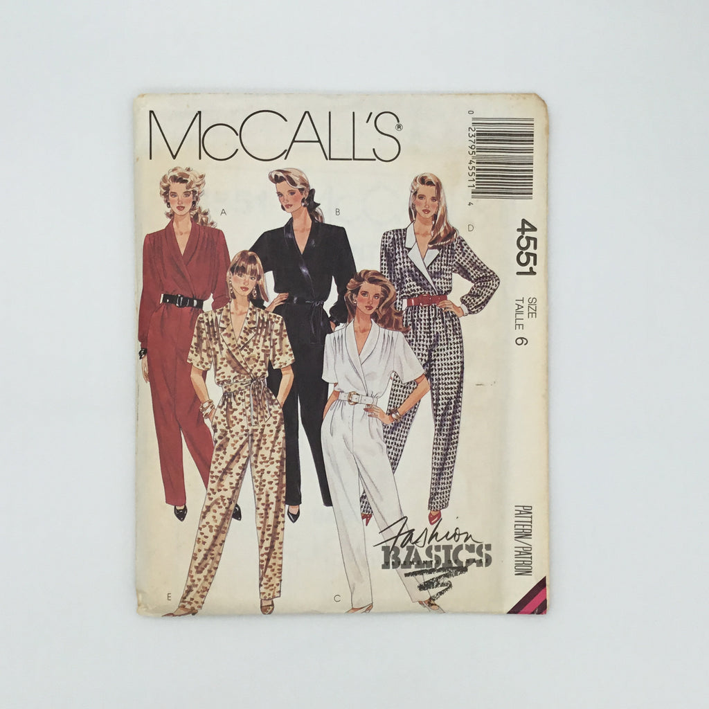 McCall's 4551 (1989) Jumpsuit with Neckline and Sleeve Variations - Vintage Uncut Sewing Pattern