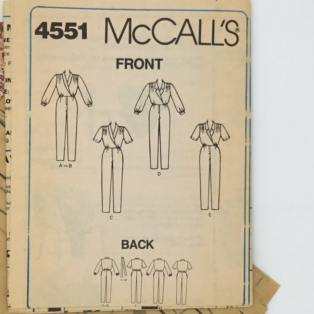McCall's 4551 (1989) Jumpsuit with Neckline and Sleeve Variations - Vintage Uncut Sewing Pattern