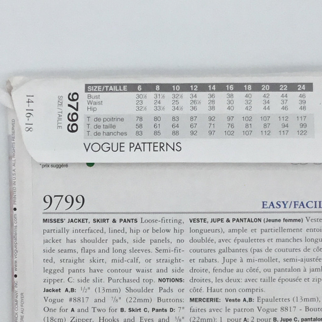 Vogue 9799 (1998) Jacket, Skirt, and Pants - Vintage Uncut Sewing Pattern