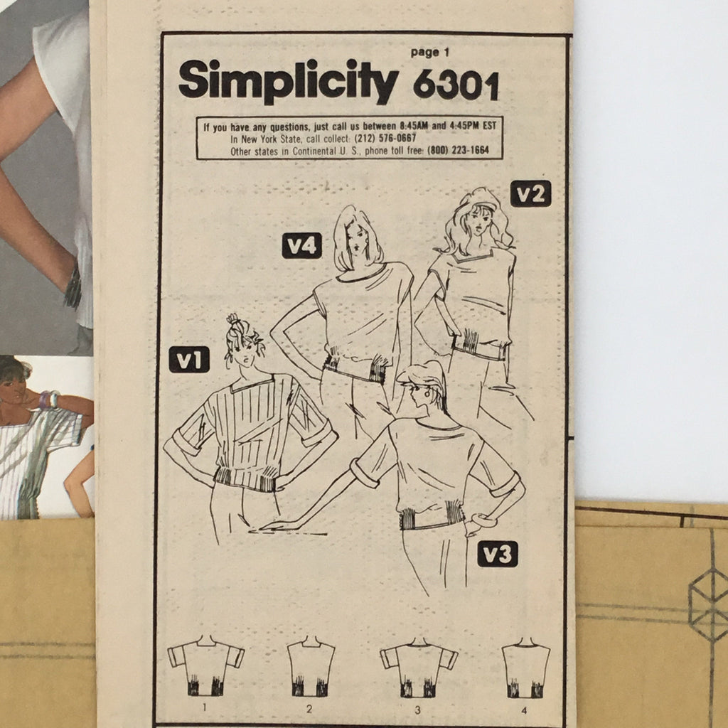 Simplicity 6301 (1983) Tops with Neckline and Sleeve Variations - Vintage Uncut Sewing Pattern