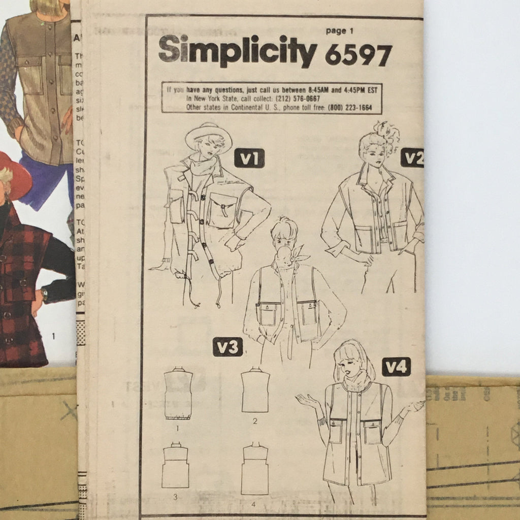 Simplicity 6597 (1984) Vests with Neckline Variations - Vintage Uncut Sewing Pattern