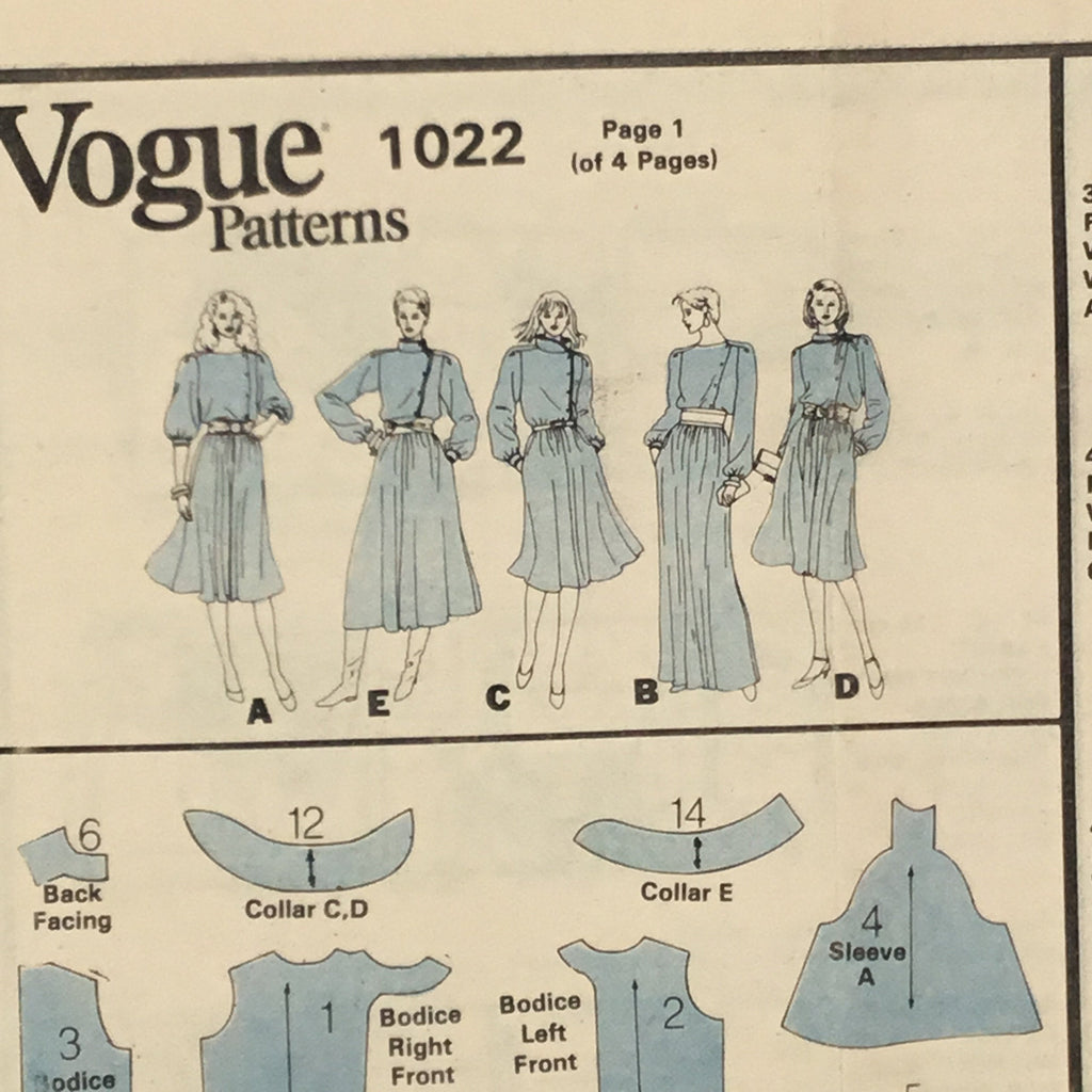 Vogue 1022 Dress with Neckline and Length Variations - Vintage Uncut Sewing Pattern
