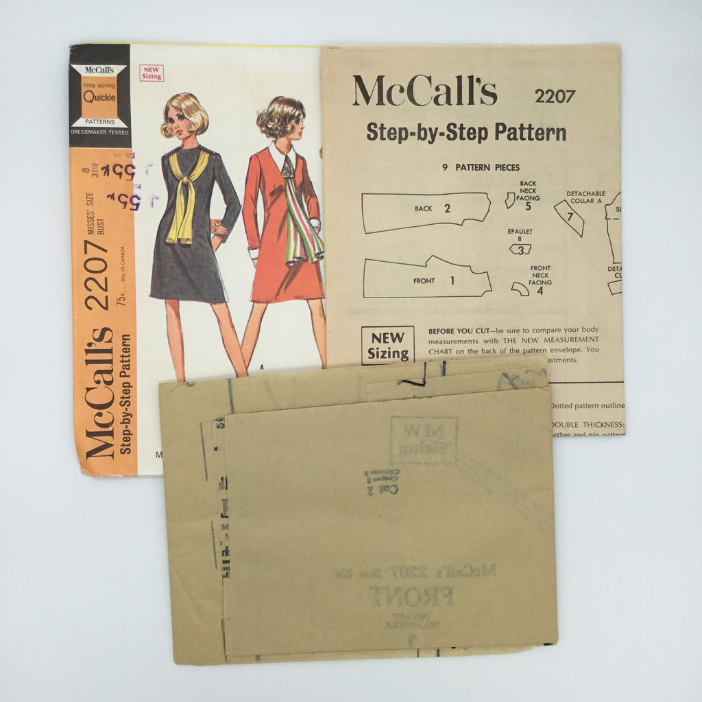 McCall's 2207 (1969) Dress with Sleeve Variations and Detachable Collar - Vintage Uncut Sewing Pattern