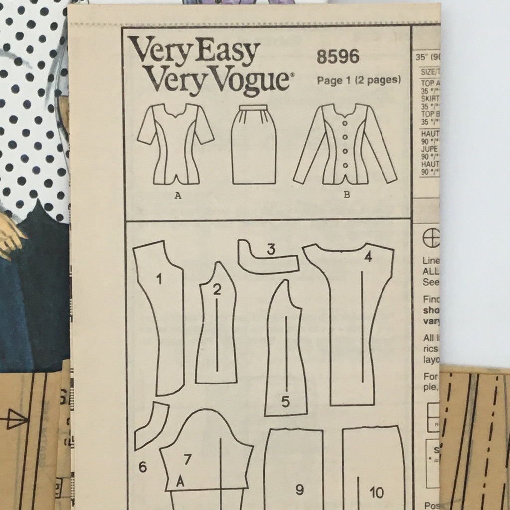 Vogue 8596 (1993) Top with Sleeve Variations and Skirt - Vintage Uncut Sewing Pattern