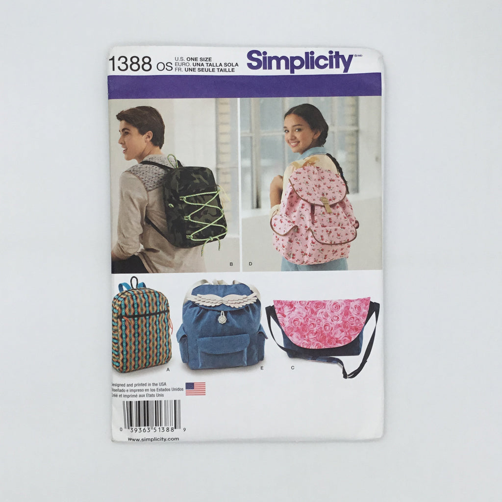 Simplicity 1388 (2014) Backpacks and Messenger Bag  - Uncut Sewing Pattern