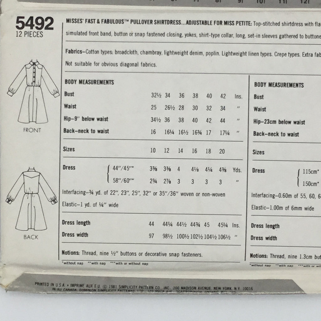 Simplicity 5492 (1981) Dress - Vintage Uncut Sewing Pattern
