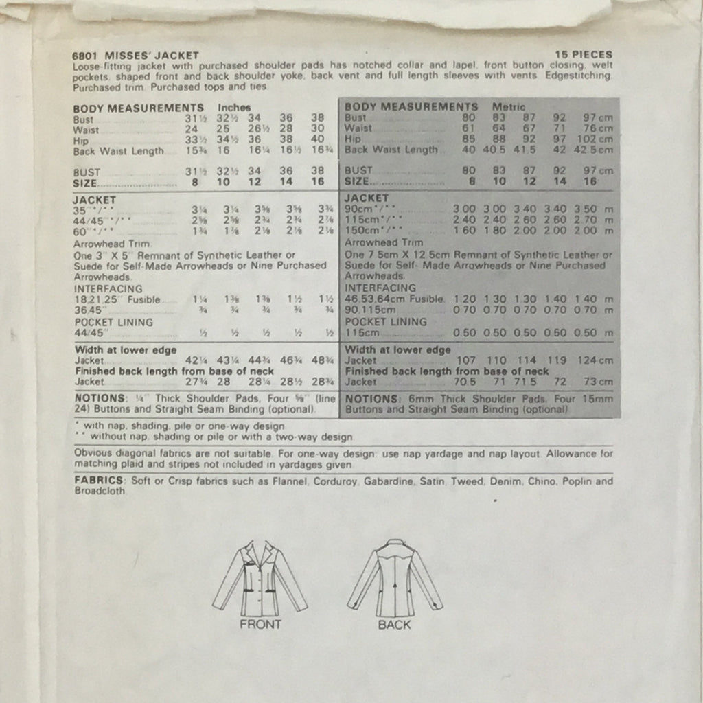 Butterick 6801 Jacket - Vintage Uncut Sewing Pattern