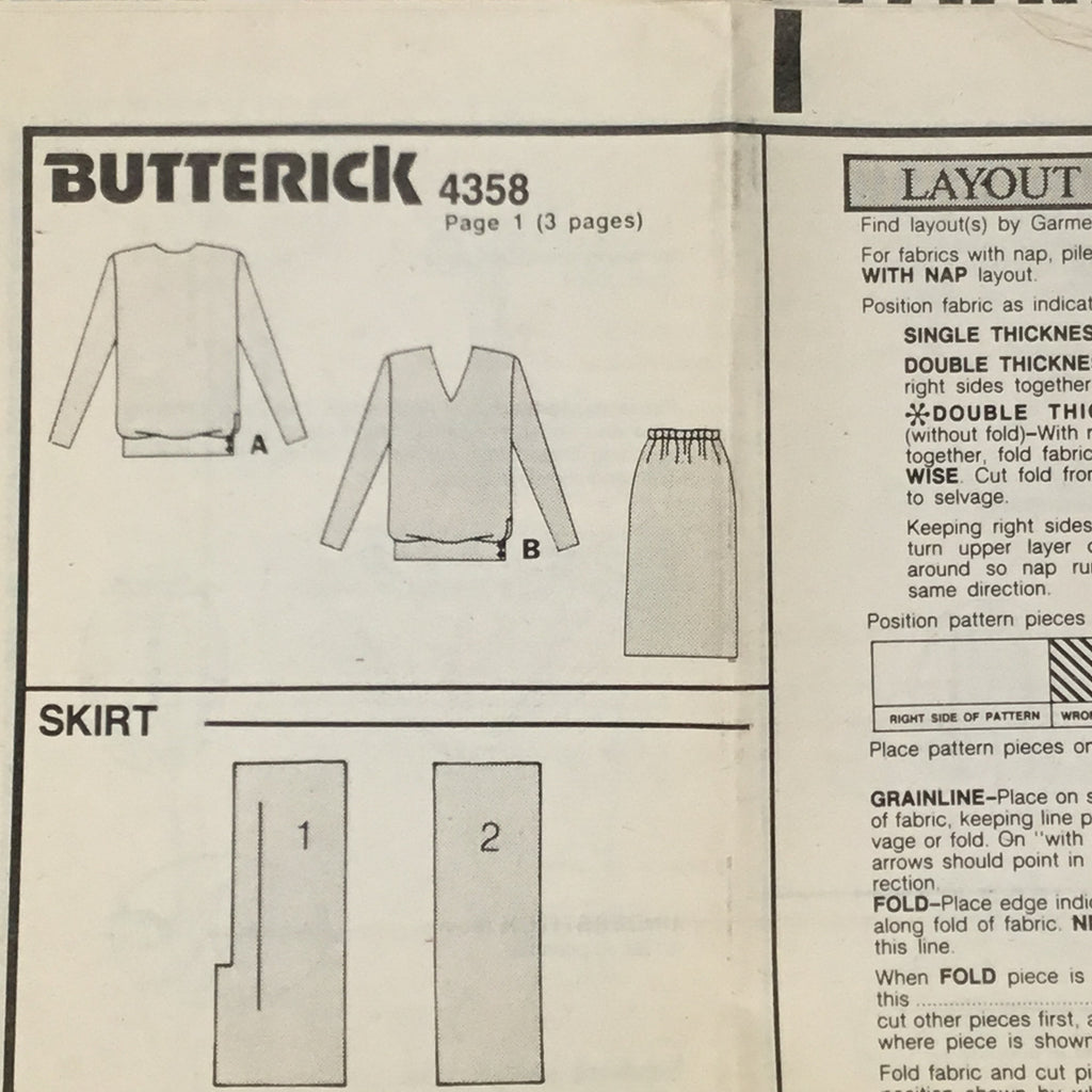 Butterick 4358 (1986) Top and Skirt with Neckline Variations - Vintage Uncut Sewing Pattern