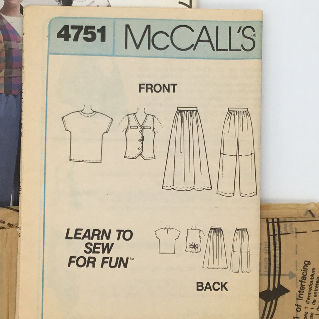 McCall's 4751 (1990) Vest, Top, Skirt, and Culottes - Vintage Uncut Sewing Pattern