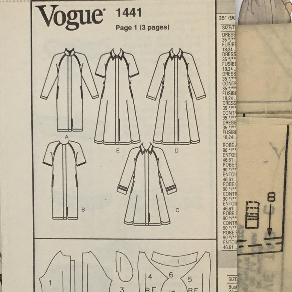 Vogue 1441 (1994) Dress with Neckline, Sleeve, Length, and Style Variations - Vintage Uncut Sewing Pattern