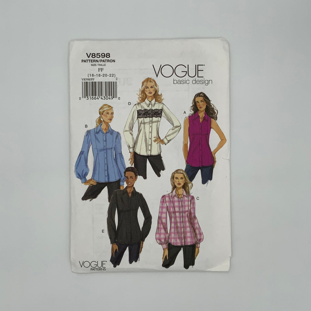 Vogue 8598 (2009) Blouse with Sleeve Variations - Uncut Sewing Pattern