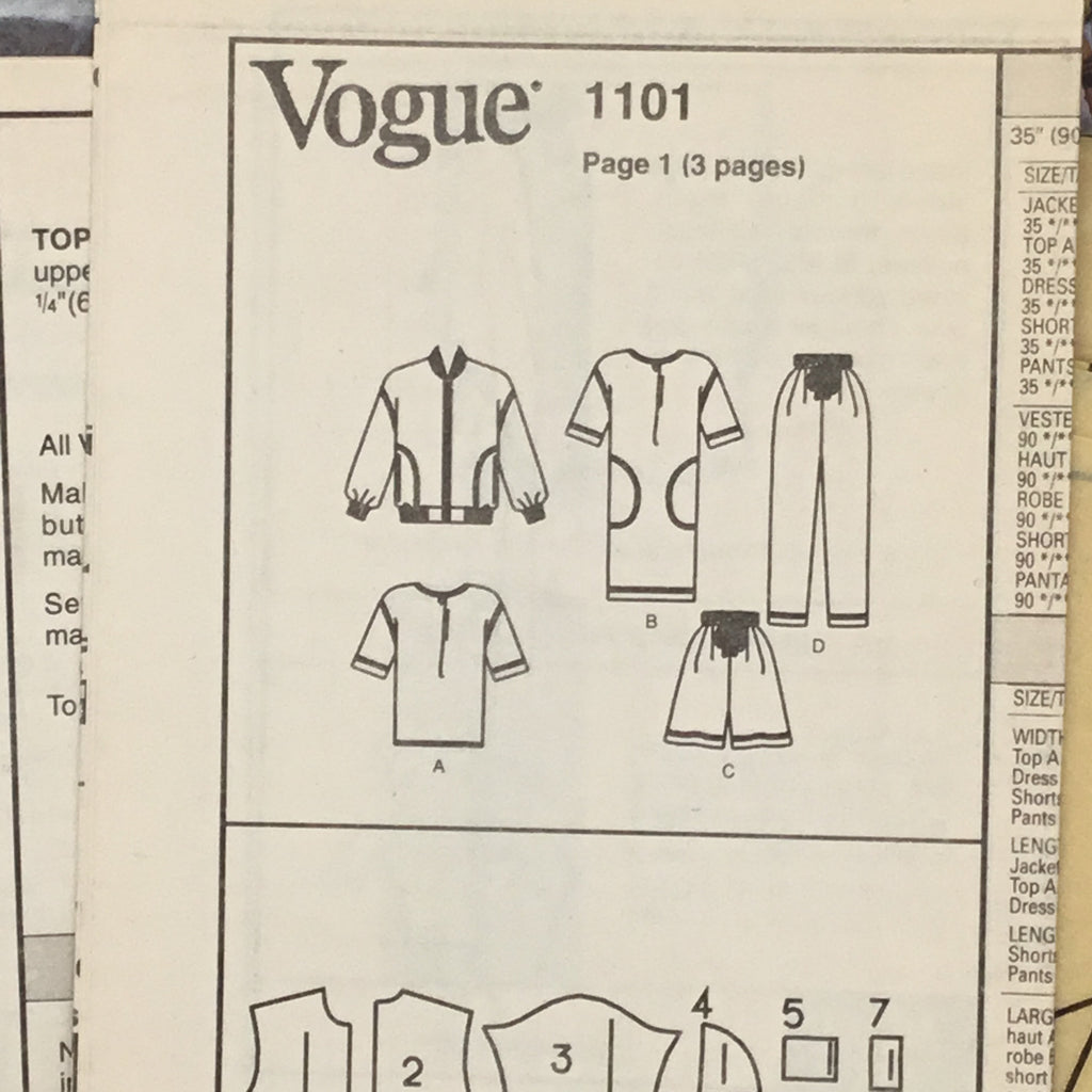 Vogue 1101 (1993) Jacket, Dress, Top, Shorts, and Pants - Vintage Uncut Sewing Pattern