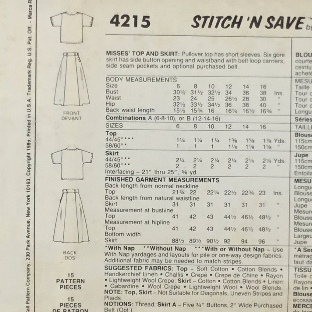 McCall's 4215 (1989) Top and Skirt - Vintage Uncut Sewing Pattern