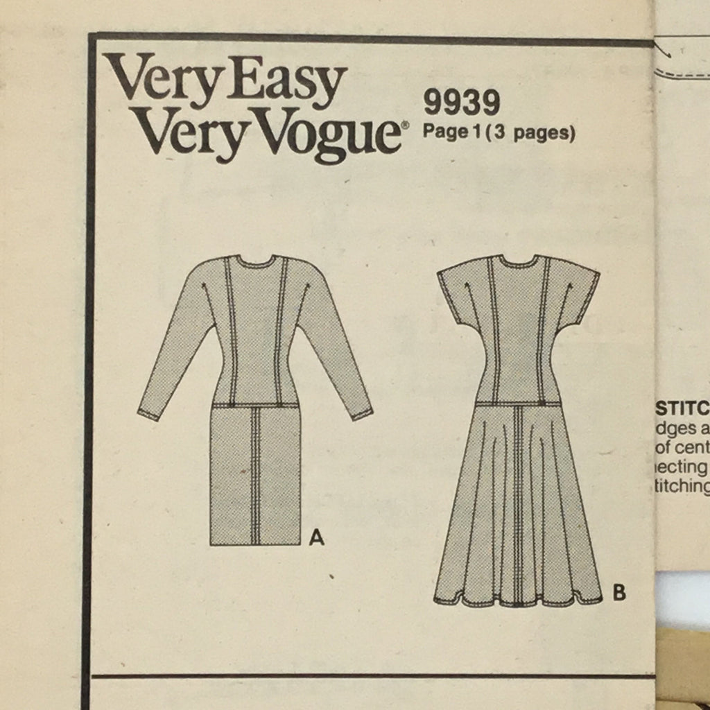 Vogue 9939 (1987) Dress with Sleeve and Length Variations - Vintage Uncut Sewing Pattern