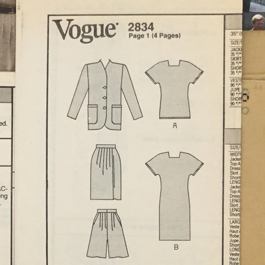 Vogue 2834 (1992) Jacket, Dress, Top, Skirt, and Shorts - Vintage Uncut Sewing Pattern