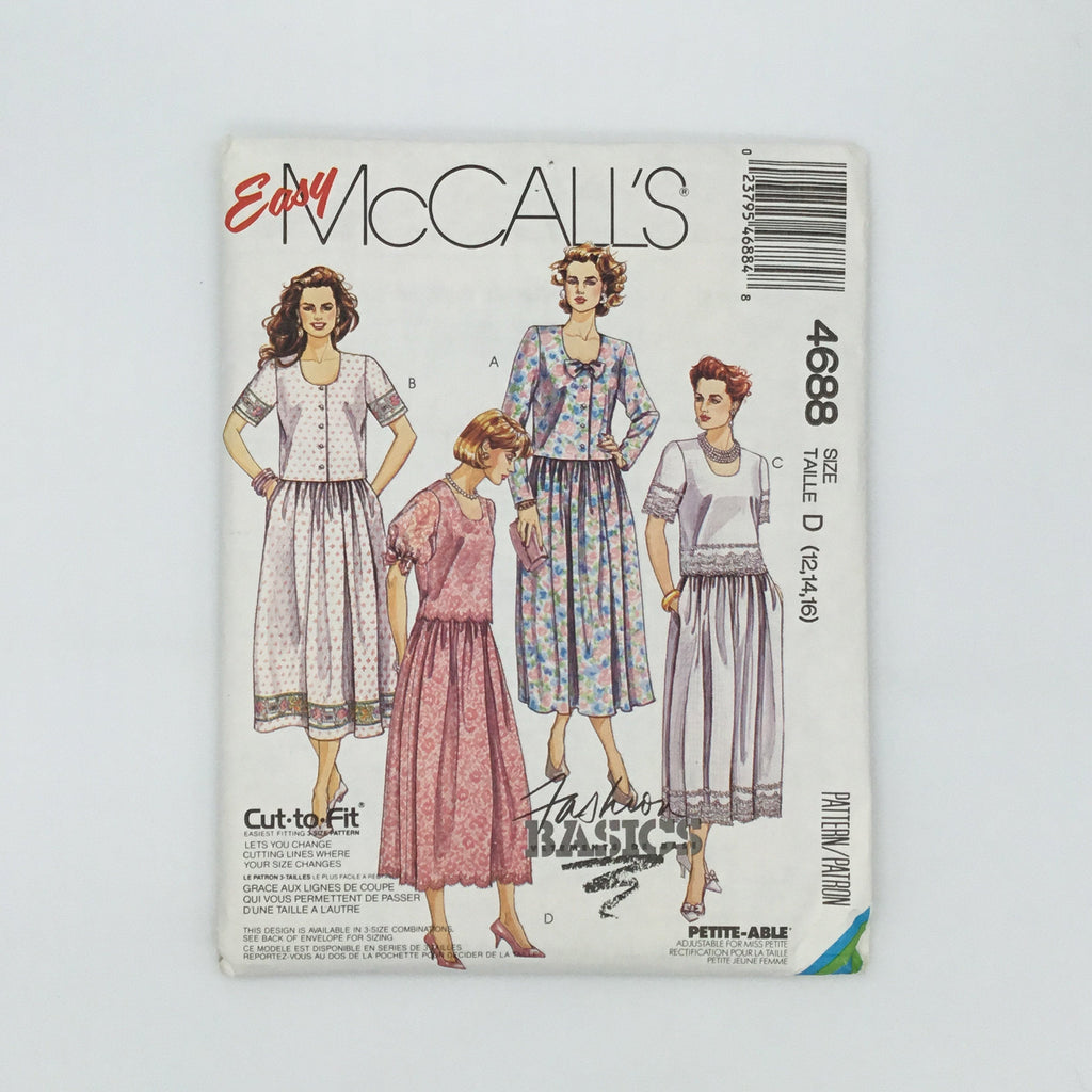 McCall's 4688 (1990) Top and Skirt with Sleeve  Variations - Vintage Uncut Sewing Pattern