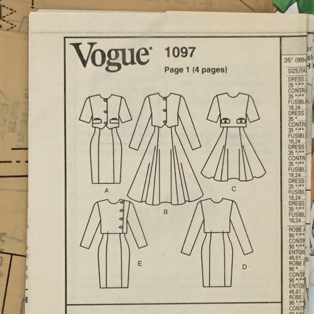Vogue 1097 (1993) Dress with Sleeve, Style, and Length Variations - Vintage Uncut Sewing Pattern