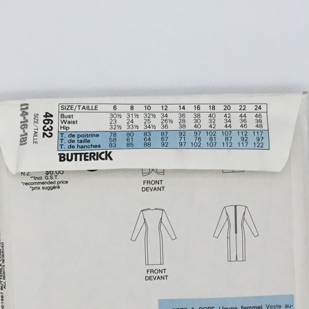 Butterick 4632 (1987) Jacket and Dress - Vintage Uncut Sewing Pattern