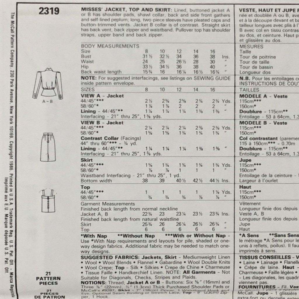McCall's 2319 (1986) Jacket, Top, and Skirt - Vintage Uncut Sewing Pattern