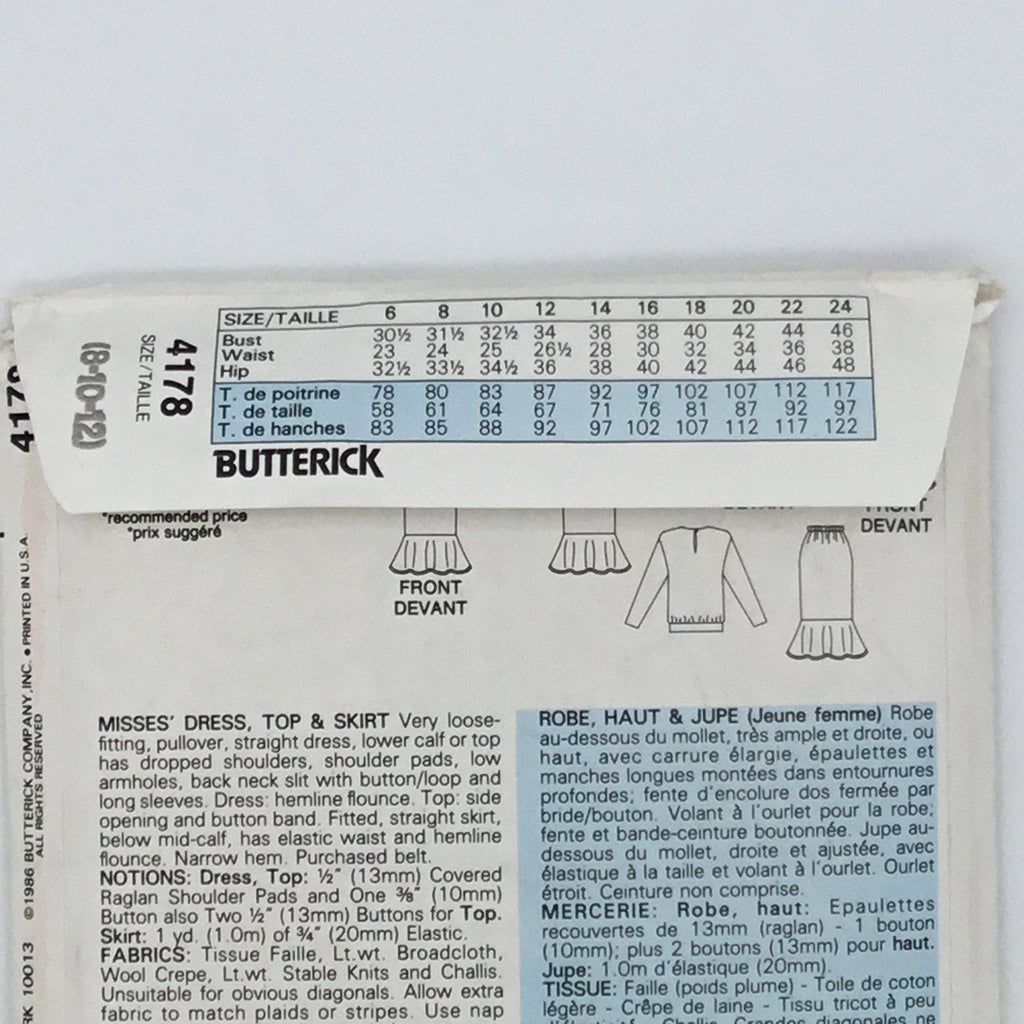 Butterick 4178 (1986) Dress, Top, and Skirt - Vintage Uncut Sewing Pattern