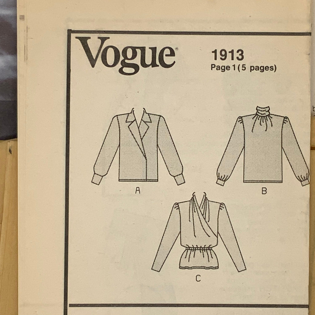 Vogue 1913 (1987) Blouse with Neckline Variations - Vintage Uncut Sewing Pattern