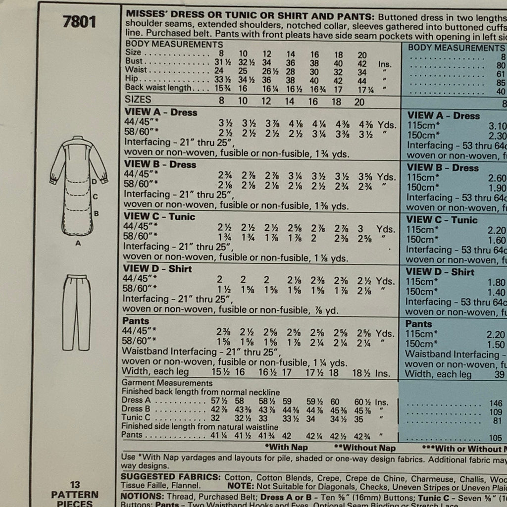 McCall's 7801 (1981) Dress, Tunic, Shirt, and Pants - Vintage Uncut Sewing Pattern