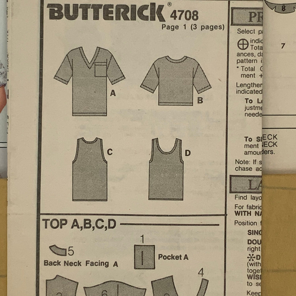 Butterick 4708 (1987) Tops with Neckline and Sleeve Variations - Vintage Uncut Sewing Pattern