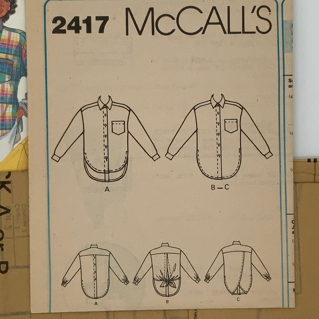 McCall's 2417 (1986) Shirt with Style Variations - Vintage Uncut Sewing Pattern