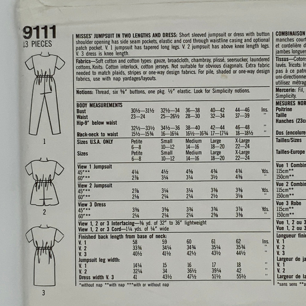 Simplicity 9111 (1989) Dress and Jumpsuit with Length Variations - Vintage Uncut Sewing Pattern