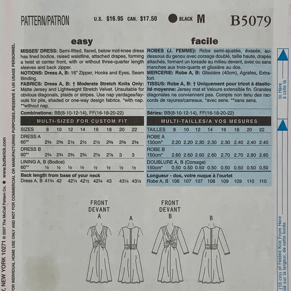 Butterick 5079 (2007) Dress with Sleeve Variations - Uncut Sewing Pattern