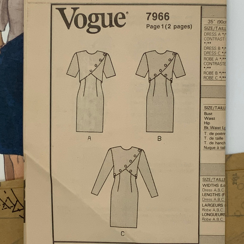 Vogue 7966 (1991) Dress with Sleeve Variations - Vintage Uncut Sewing Pattern